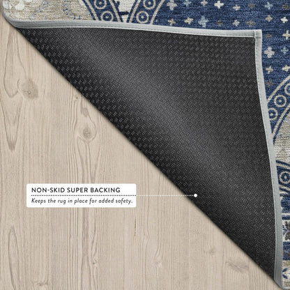 8' X 10' Navy Blue And Blue Geometric Washable Indoor Outdoor Area Rug