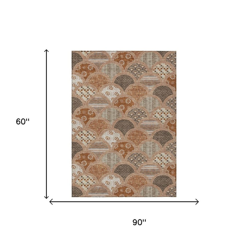 5' X 8' Orange And Chocolate Geometric Washable Indoor Outdoor Area Rug HomeRoots