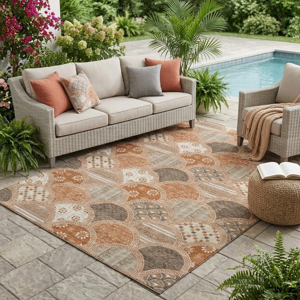 5' X 8' Orange And Chocolate Geometric Washable Indoor Outdoor Area Rug HomeRoots