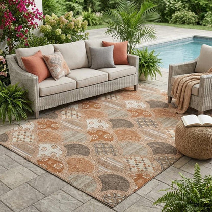 5' X 8' Orange And Chocolate Geometric Washable Indoor Outdoor Area Rug HomeRoots