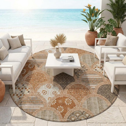 8' Orange And Chocolate Round Geometric Washable Indoor Outdoor Area Rug