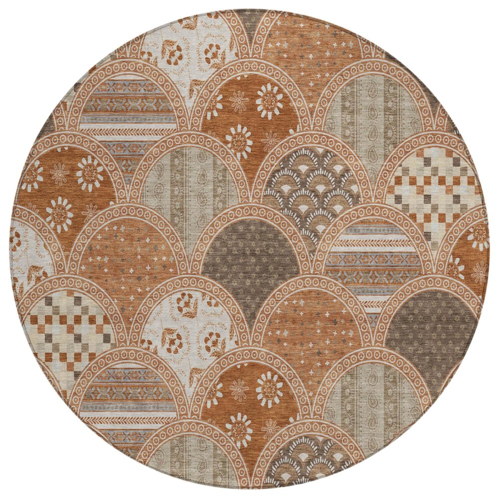 8' Orange And Chocolate Round Geometric Washable Indoor Outdoor Area Rug