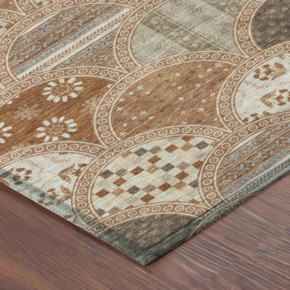 8' Orange And Chocolate Round Geometric Washable Indoor Outdoor Area Rug