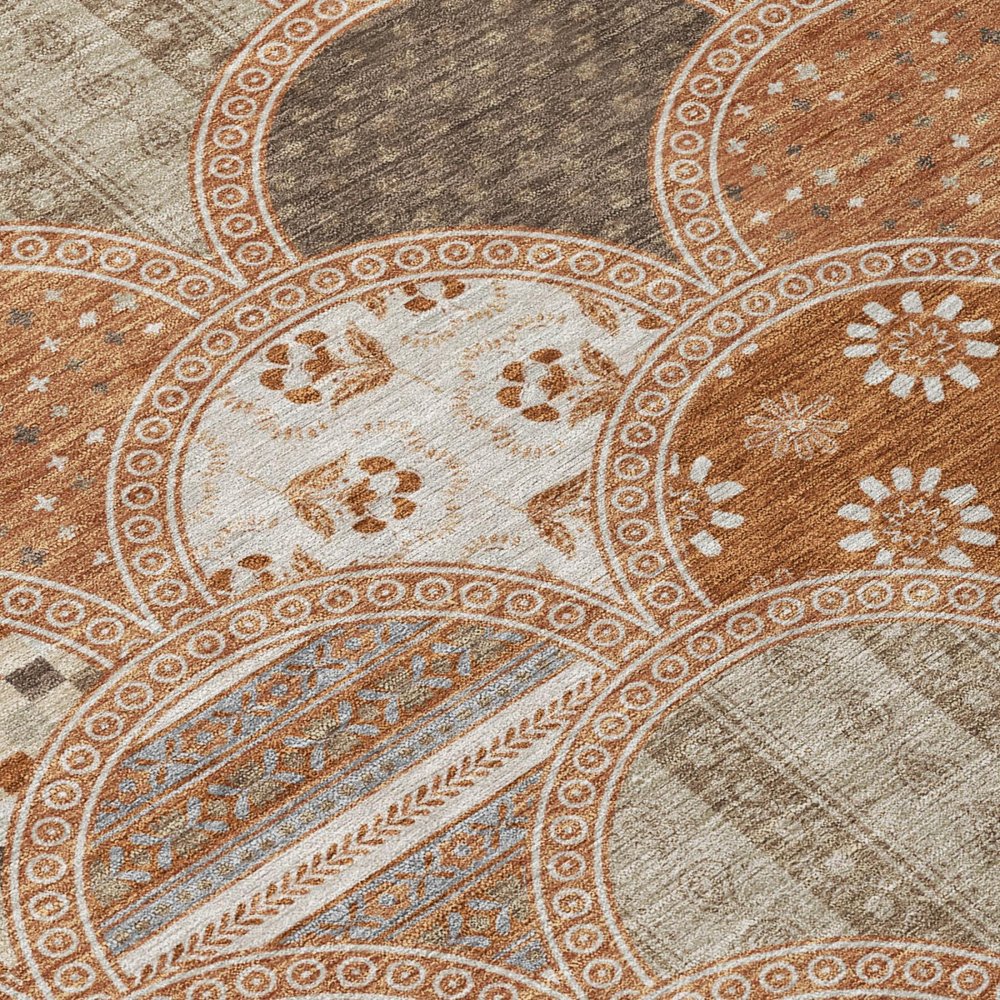 8' Orange And Chocolate Round Geometric Washable Indoor Outdoor Area Rug