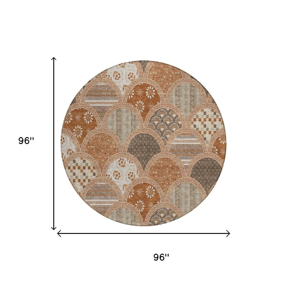 8' Orange And Chocolate Round Geometric Washable Indoor Outdoor Area Rug