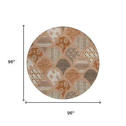8' Orange And Chocolate Round Geometric Washable Indoor Outdoor Area Rug