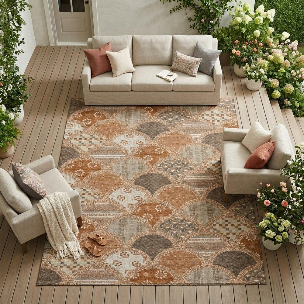 9' X 12' Orange And Chocolate Geometric Washable Indoor Outdoor Area Rug HomeRoots