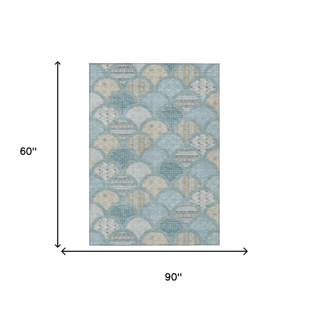 5' X 8' Teal Blue And Silver Geometric Washable Indoor Outdoor Area Rug HomeRoots