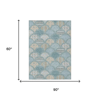 5' X 8' Teal Blue And Silver Geometric Washable Indoor Outdoor Area Rug HomeRoots