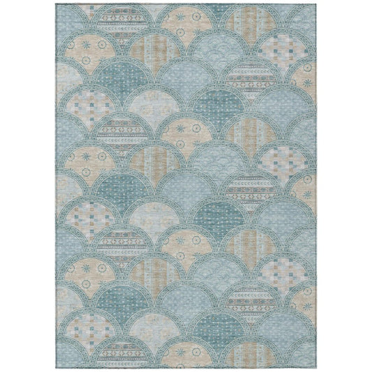 5' X 8' Teal Blue And Silver Geometric Washable Indoor Outdoor Area Rug