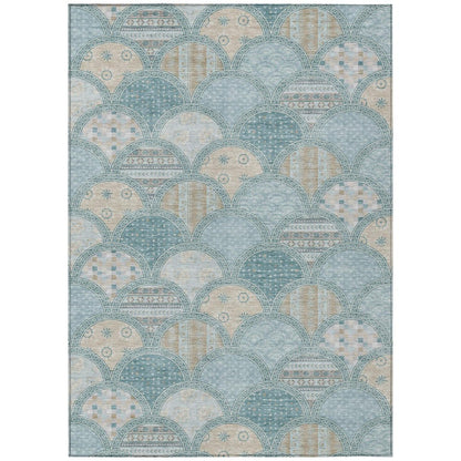 5' X 8' Teal Blue And Silver Geometric Washable Indoor Outdoor Area Rug HomeRoots