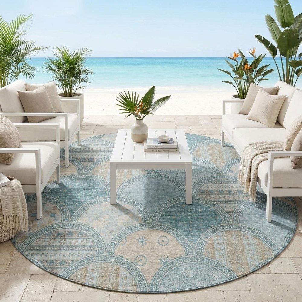 8' Teal Blue And Silver Round Geometric Washable Indoor Outdoor Area Rug HomeRoots