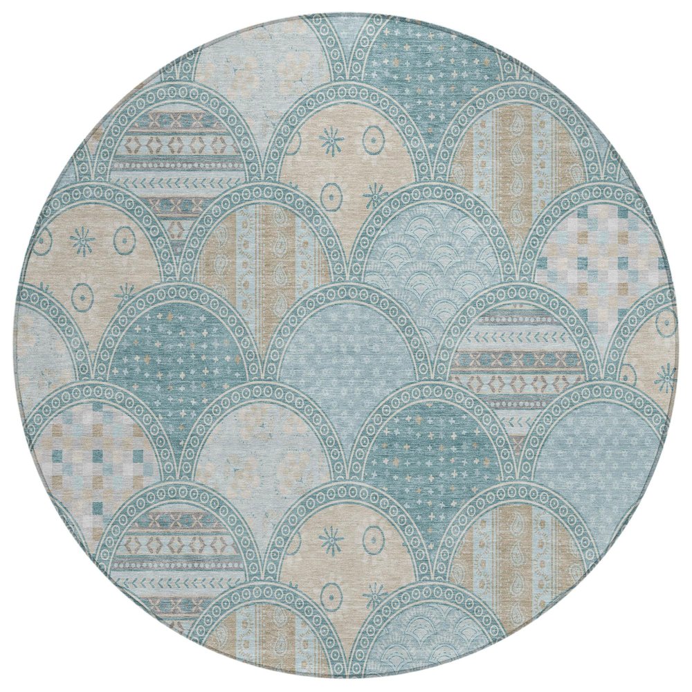 8' Teal Blue And Silver Round Geometric Washable Indoor Outdoor Area Rug HomeRoots