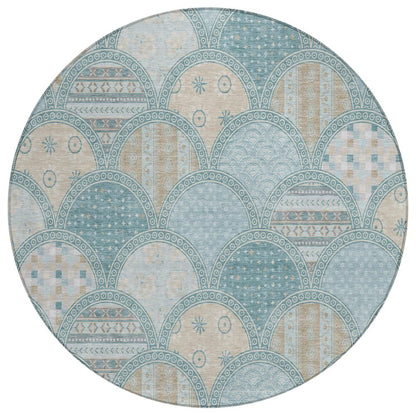 8' Teal Blue And Silver Round Geometric Washable Indoor Outdoor Area Rug HomeRoots