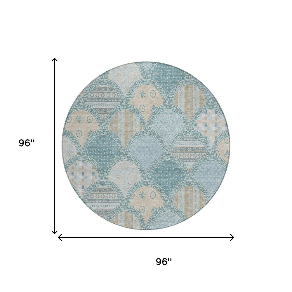 8' Teal Blue And Silver Round Geometric Washable Indoor Outdoor Area Rug HomeRoots