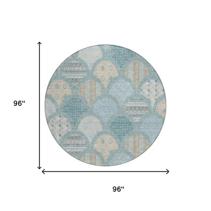 8' Teal Blue And Silver Round Geometric Washable Indoor Outdoor Area Rug HomeRoots