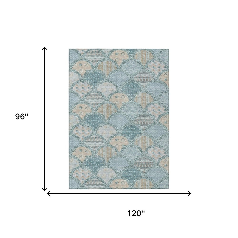 8' X 10' Teal Blue And Silver Geometric Washable Indoor Outdoor Area Rug HomeRoots