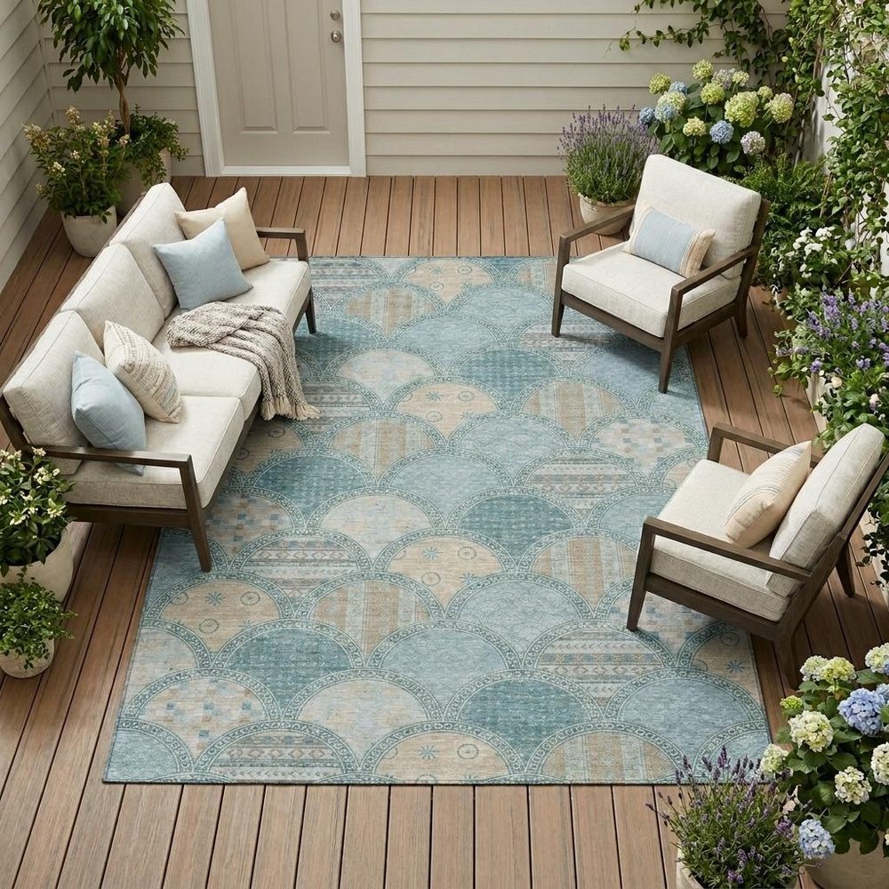 8' X 10' Teal Blue And Silver Geometric Washable Indoor Outdoor Area Rug HomeRoots
