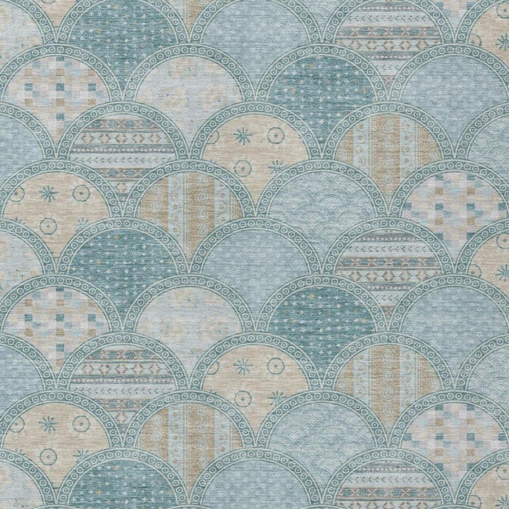 8' X 10' Teal Blue And Silver Geometric Washable Indoor Outdoor Area Rug