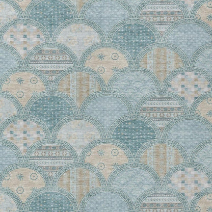 8' X 10' Teal Blue And Silver Geometric Washable Indoor Outdoor Area Rug