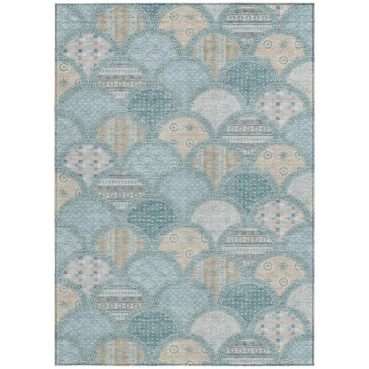 8' X 10' Teal Blue And Silver Geometric Washable Indoor Outdoor Area Rug