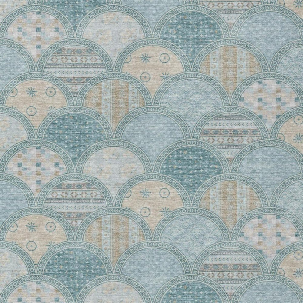 8' X 10' Teal Blue And Silver Geometric Washable Indoor Outdoor Area Rug