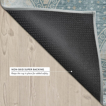 8' X 10' Teal Blue And Silver Geometric Washable Indoor Outdoor Area Rug
