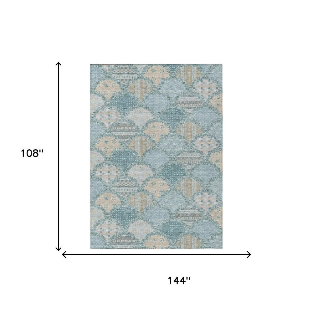 9' X 12' Teal Blue And Silver Geometric Washable Indoor Outdoor Area Rug HomeRoots