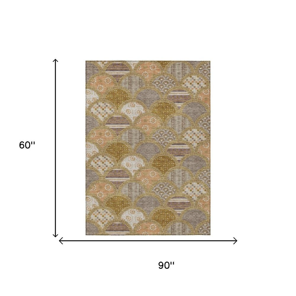5' X 8' Walnut And Gold Geometric Washable Indoor Outdoor Area Rug HomeRoots