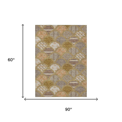 5' X 8' Walnut And Gold Geometric Washable Indoor Outdoor Area Rug HomeRoots