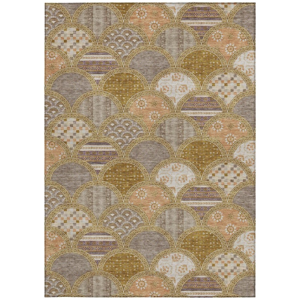 5' X 8' Walnut And Gold Geometric Washable Indoor Outdoor Area Rug