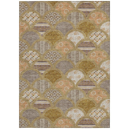 5' X 8' Walnut And Gold Geometric Washable Indoor Outdoor Area Rug