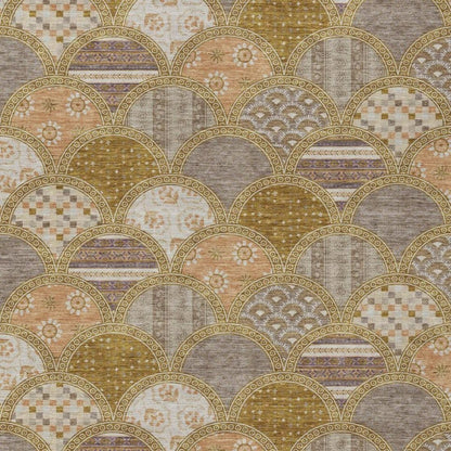 5' X 8' Walnut And Gold Geometric Washable Indoor Outdoor Area Rug