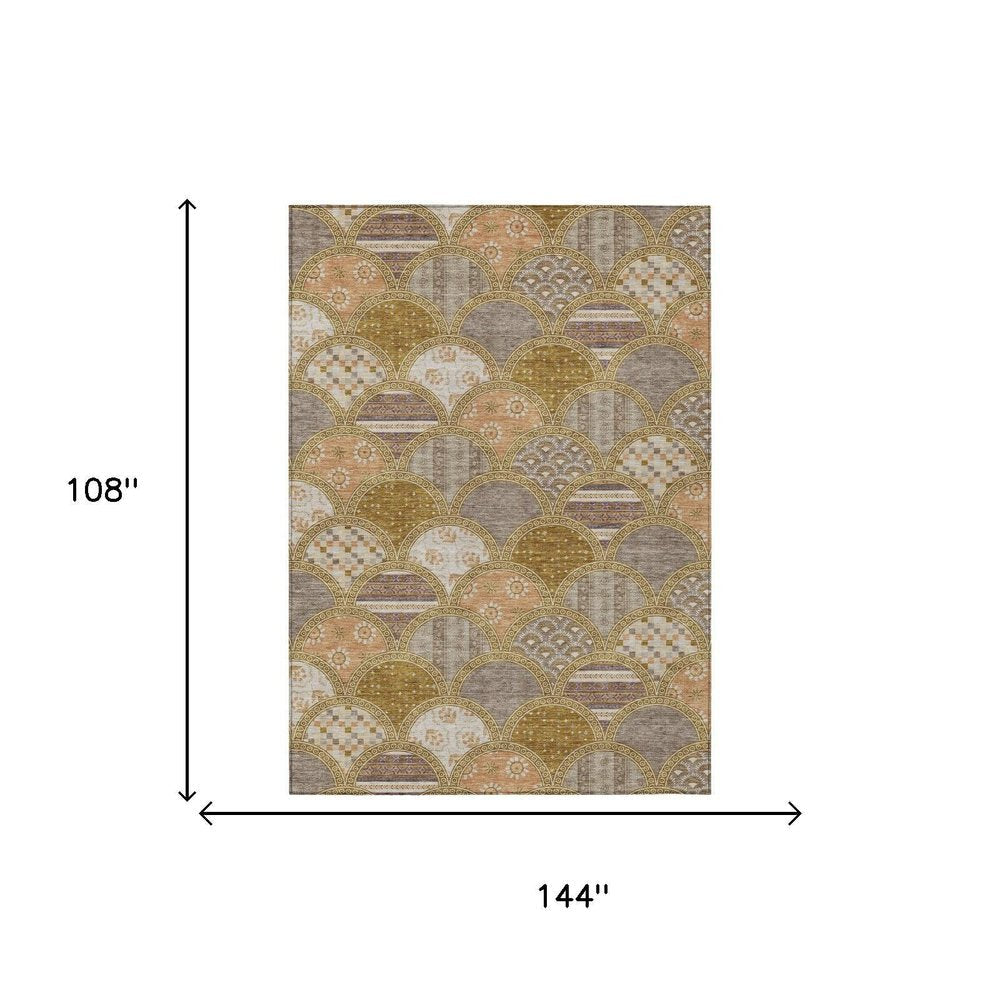 9' X 12' Walnut And Gold Geometric Washable Indoor Outdoor Area Rug HomeRoots