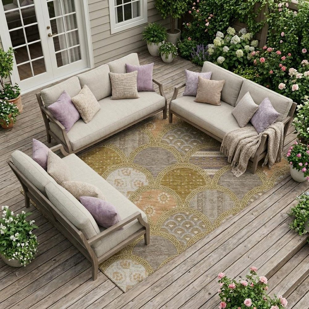9' X 12' Walnut And Gold Geometric Washable Indoor Outdoor Area Rug HomeRoots