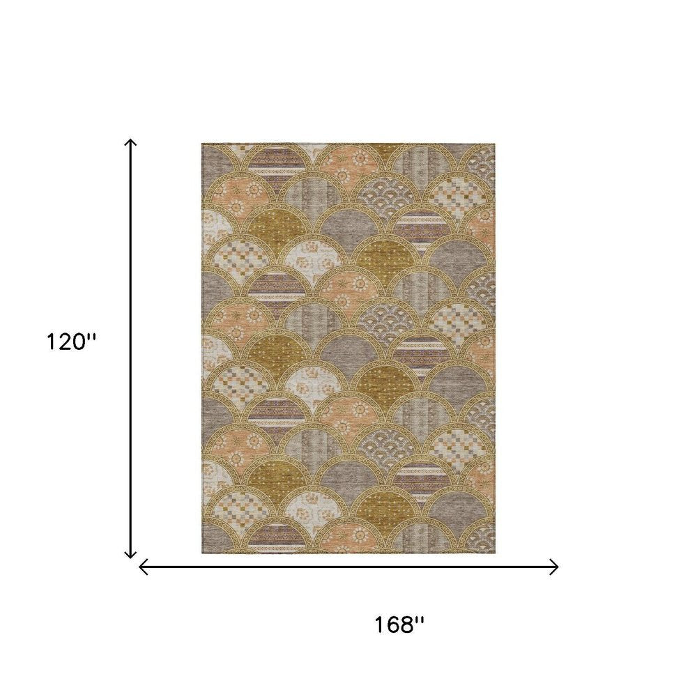 10' X 14' Walnut And Gold Geometric Washable Indoor Outdoor Area Rug HomeRoots