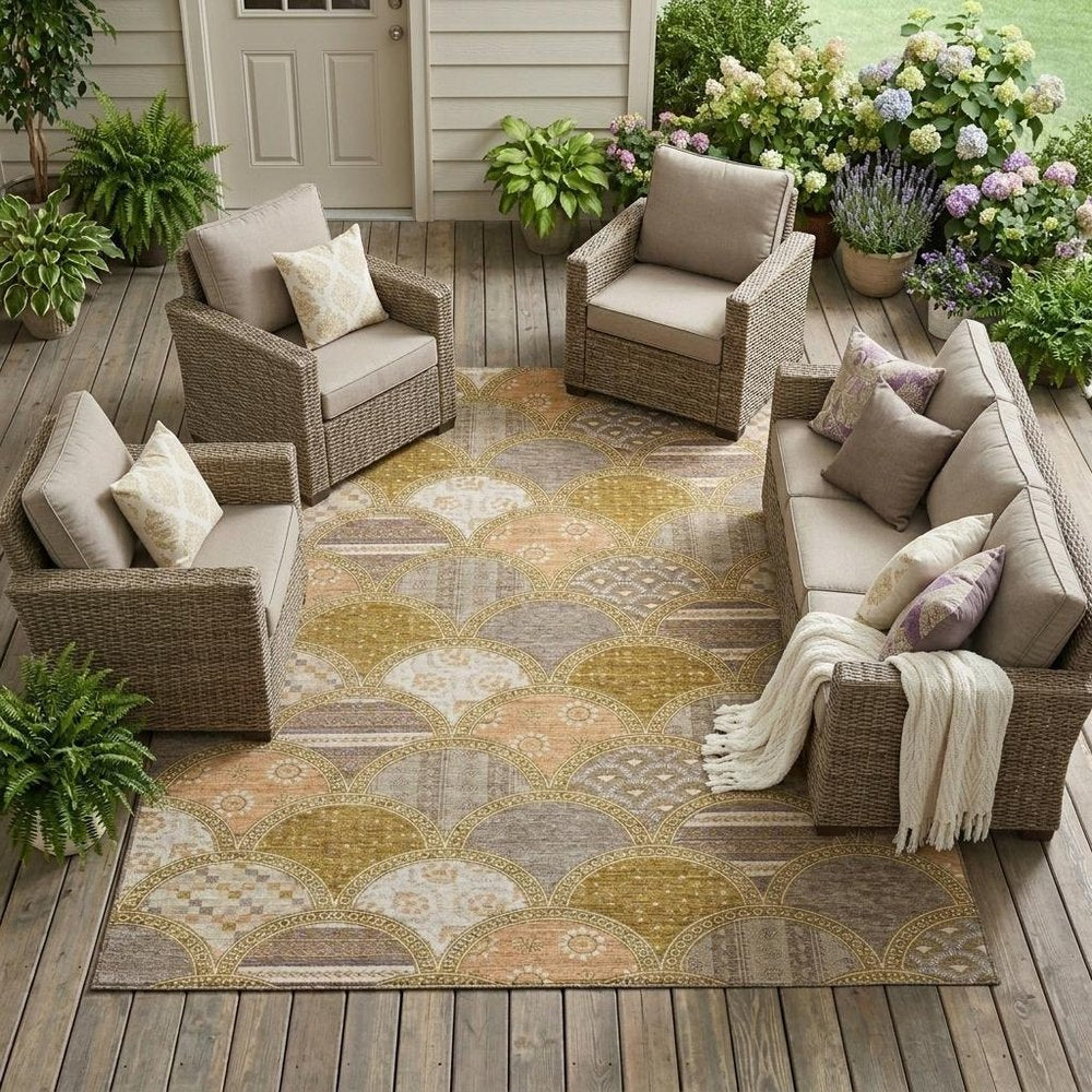 10' X 14' Walnut And Gold Geometric Washable Indoor Outdoor Area Rug HomeRoots