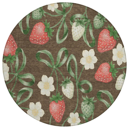8' Chocolate And Brown Round Floral Washable Indoor Outdoor Area Rug HomeRoots