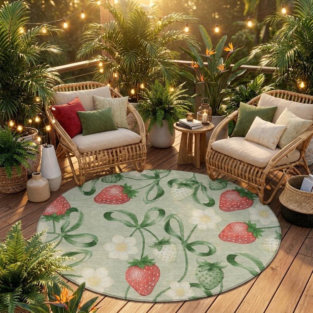 8' Green And Red Round Floral Washable Indoor Outdoor Area Rug HomeRoots