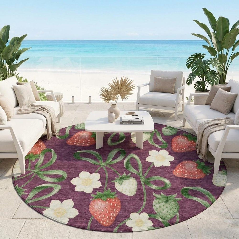 8' Eggplant And Purple Round Floral Washable Indoor Outdoor Area Rug HomeRoots