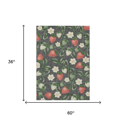 3' X 5' Graphite And Gray Floral Washable Indoor Outdoor Area Rug