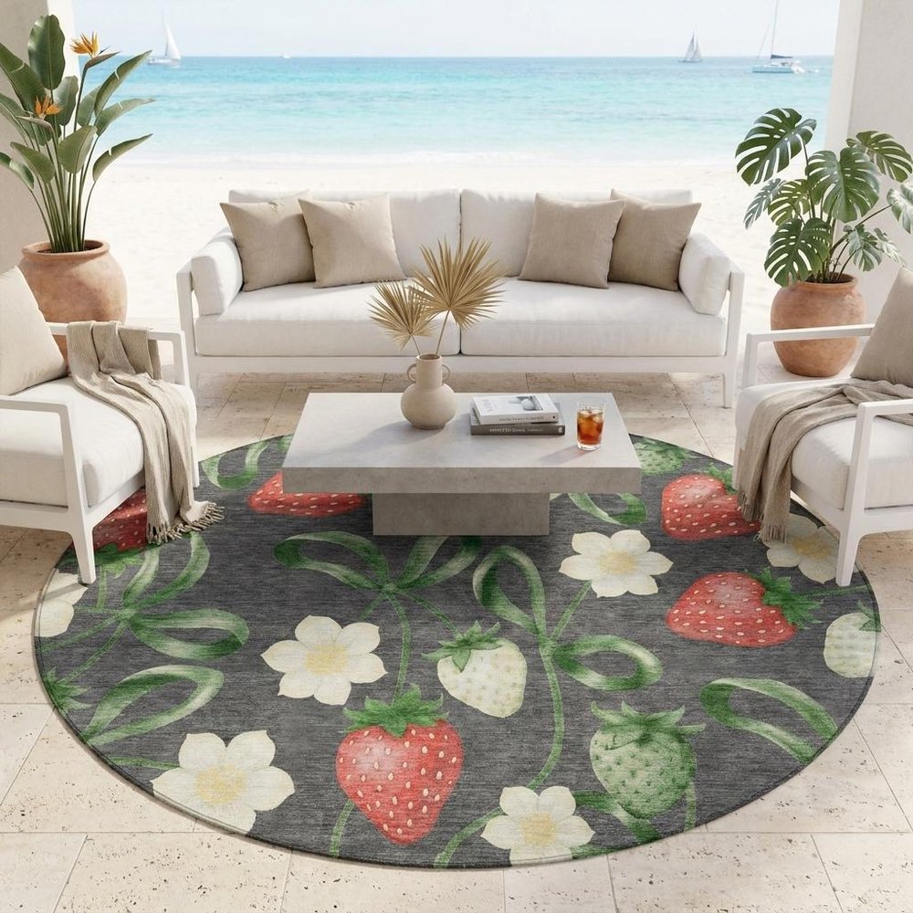 8' Graphite And Gray Round Floral Washable Indoor Outdoor Area Rug HomeRoots