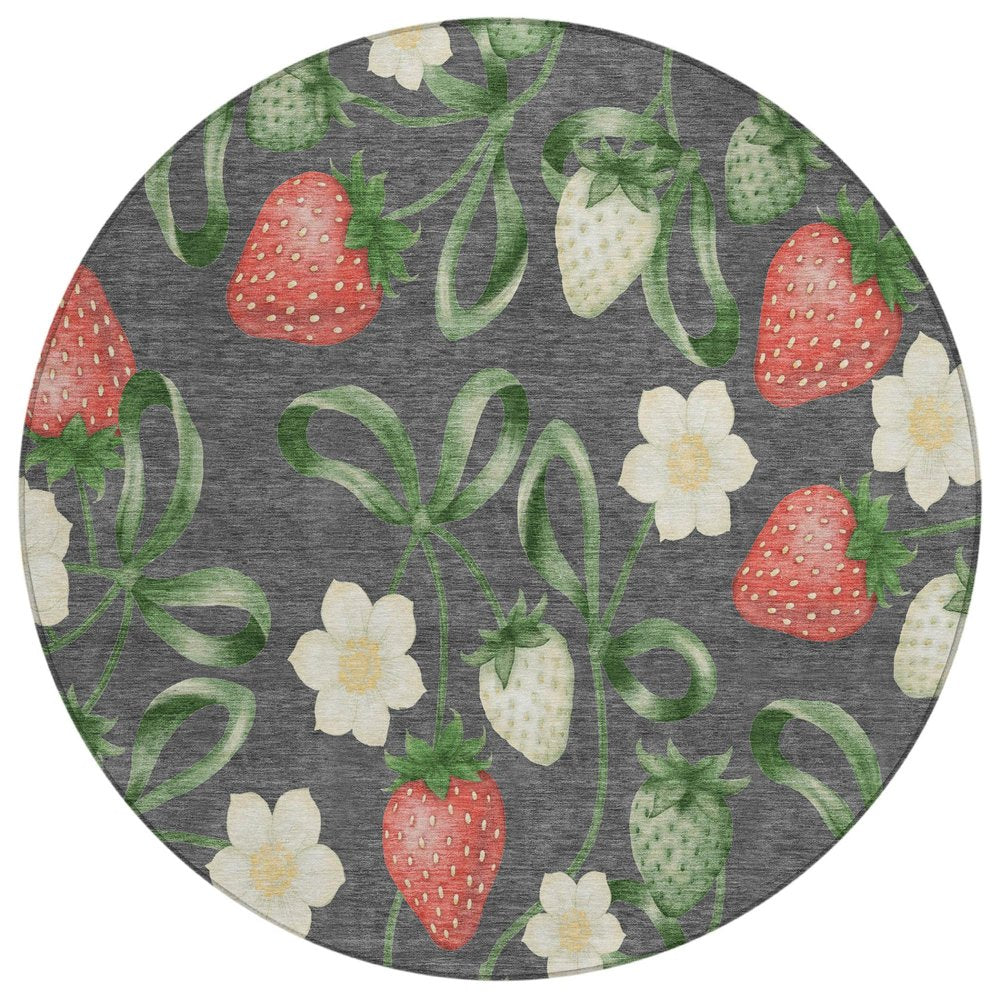 8' Graphite And Gray Round Floral Washable Indoor Outdoor Area Rug HomeRoots