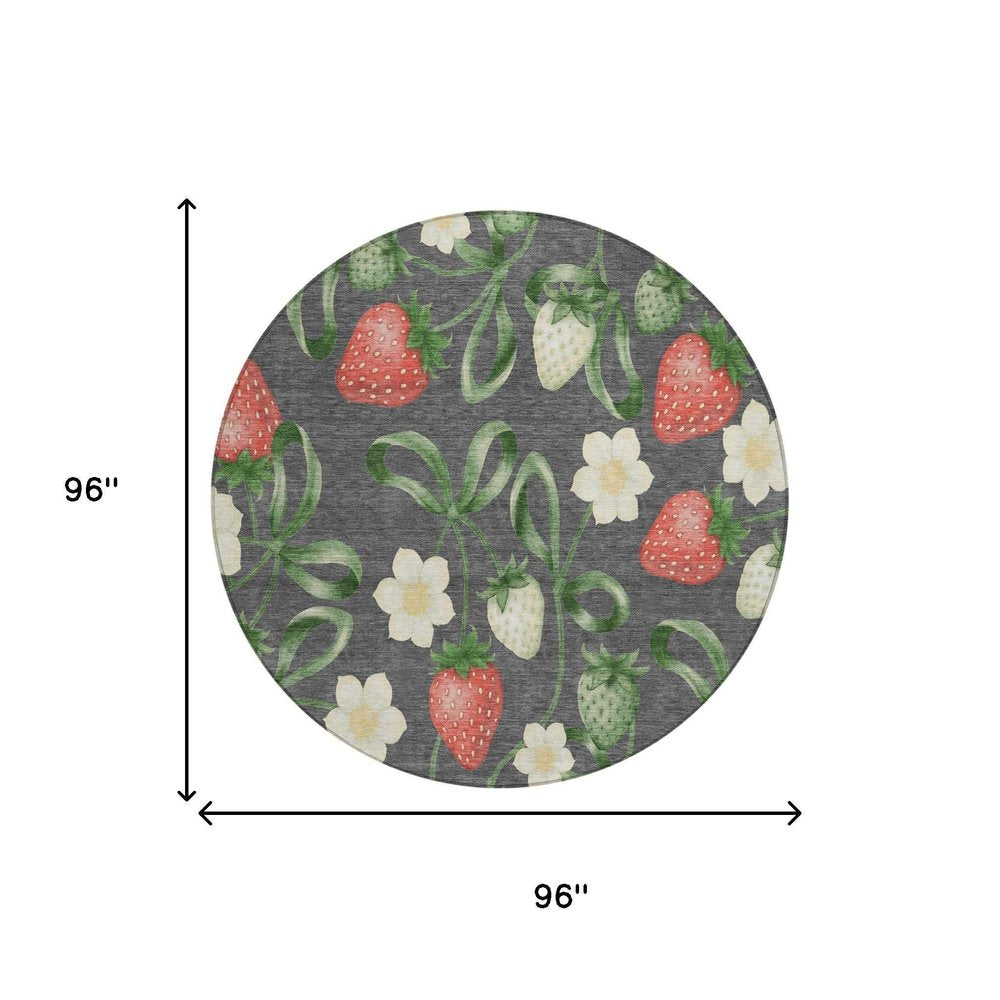 8' Graphite And Gray Round Floral Washable Indoor Outdoor Area Rug HomeRoots