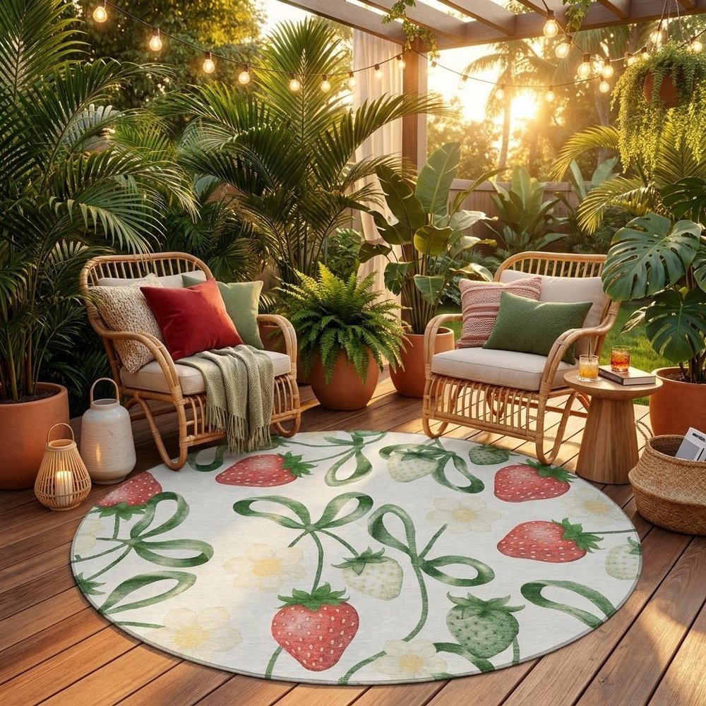 8' Ivory And Linen Round Floral Washable Indoor Outdoor Area Rug HomeRoots