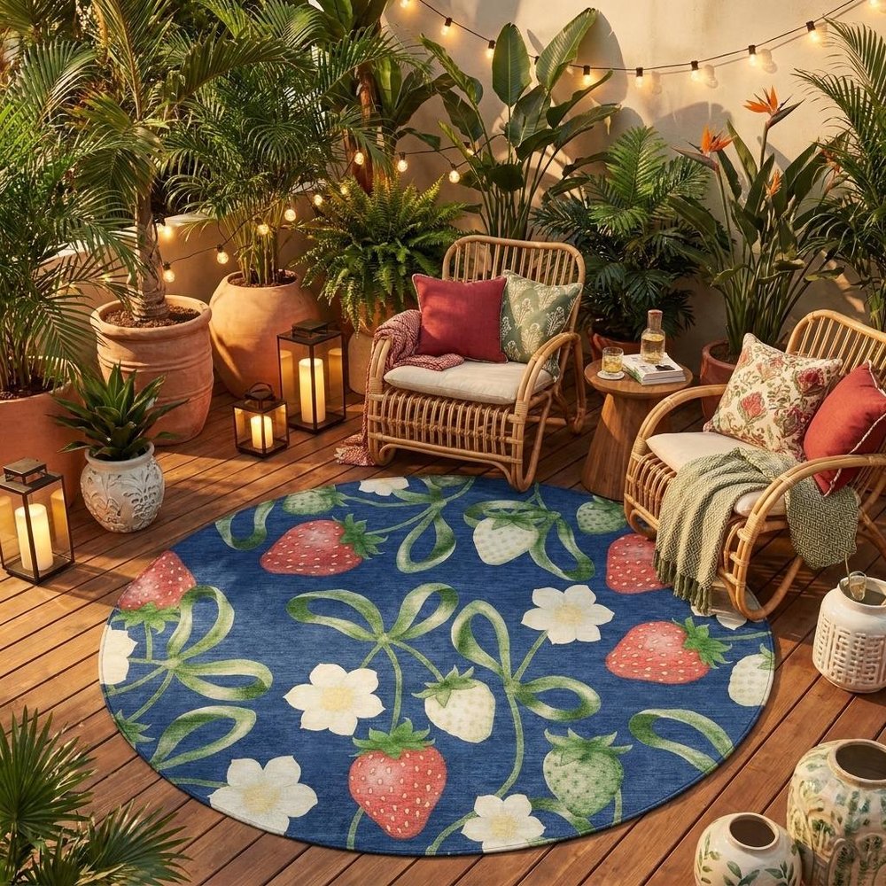8' Navy Blue And Blue Round Floral Washable Indoor Outdoor Area Rug HomeRoots