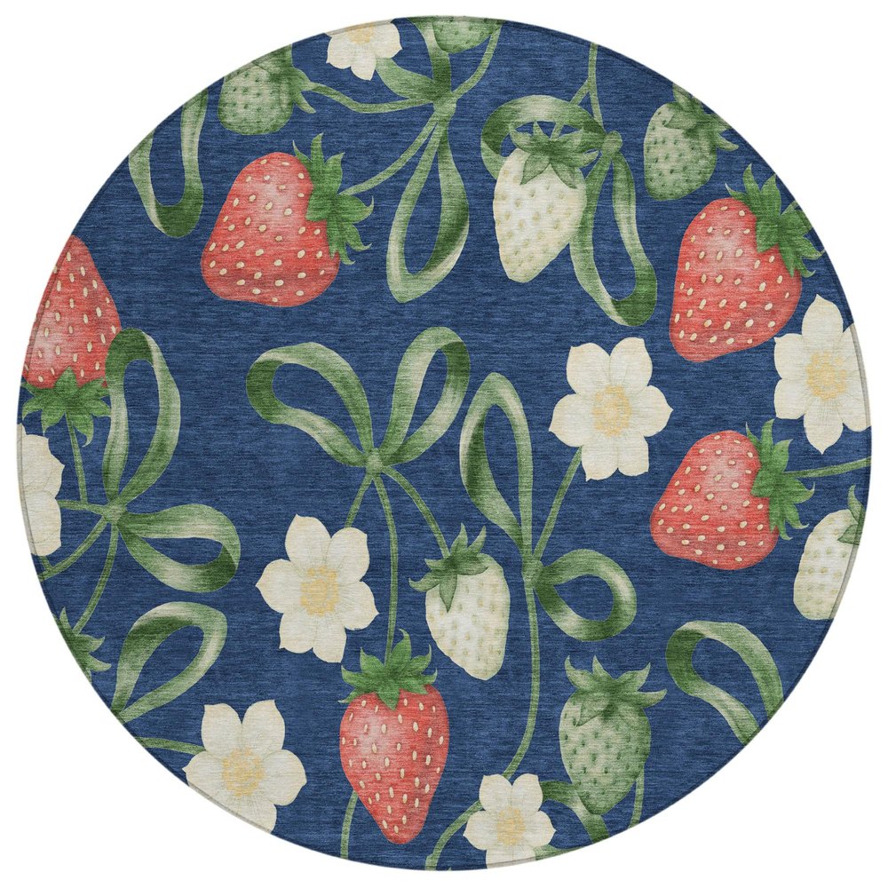 8' Navy Blue And Blue Round Floral Washable Indoor Outdoor Area Rug HomeRoots