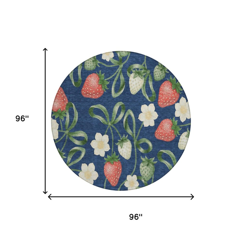 8' Navy Blue And Blue Round Floral Washable Indoor Outdoor Area Rug HomeRoots