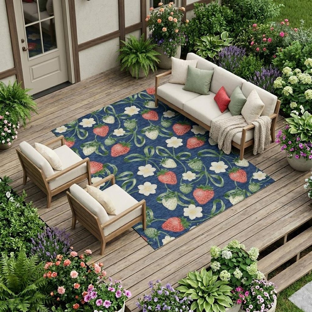 9' X 12' Navy Blue And Blue Floral Washable Indoor Outdoor Area Rug HomeRoots