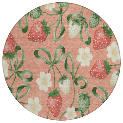 8' Salmon And Orange Round Floral Washable Indoor Outdoor Area Rug HomeRoots